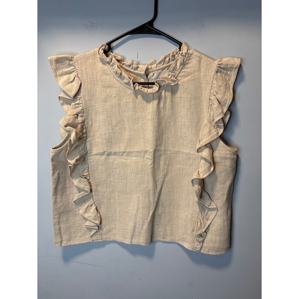 Anthropologie Moon River Beige Linen Ruffle Sleeveless Button Back Top Large